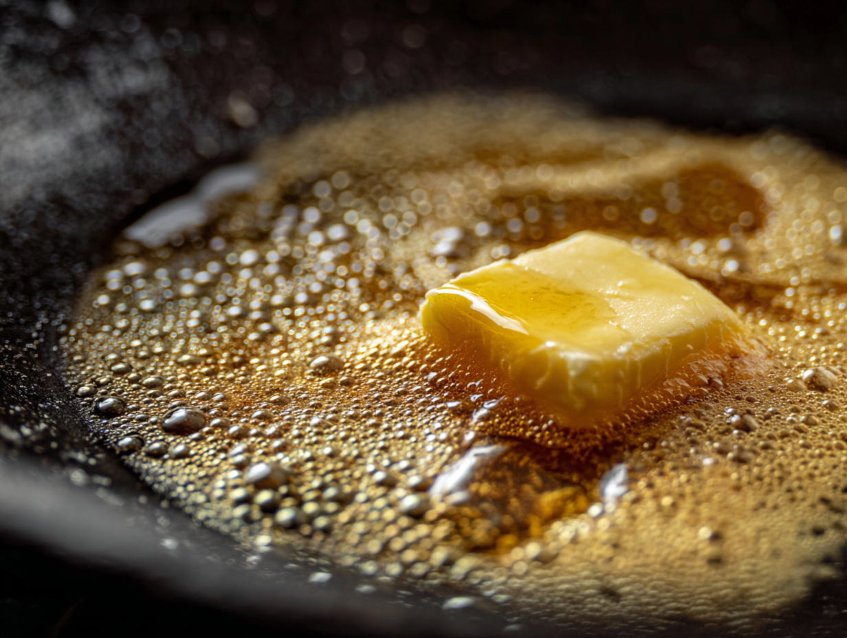 Butter melting in a hot frying pan